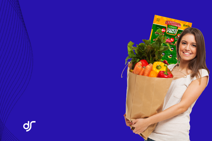 Exemplo de encarte de supermercado com headline, preço em destaque, foto do produto e validade marcada