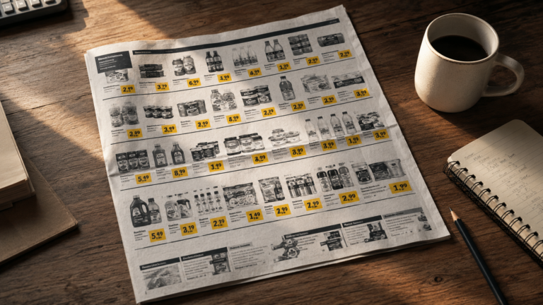 Imagem de um jornal de supemercado em tons de cinza e amarelo com o preço de diversos produtos sobre uma mesa com uma xicara de café ao lado