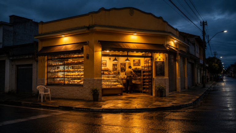 Uma padaria de bairro iluminada antes do amanhecer, com luz amarela acolhedora saindo pelas vitrines enquanto um padeiro trabalha no interior; a rua está vazia, úmida e envolta pela escuridão azulada da madrugada.