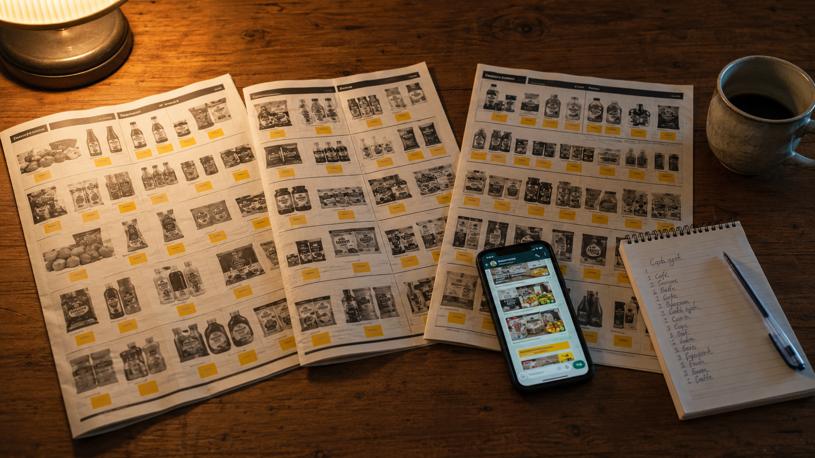 Imagem de um jornal de supemercado em tons de cinza e amarelo com o preço de diversos produtos sobre uma mesa com um celular em cima e um caderno com preços