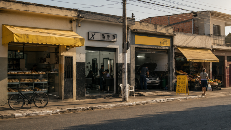 Fachada de três lojas antigas incluindo um cabeleireiro ao centro.