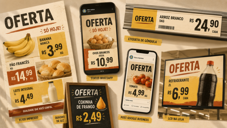 Colagem de seis peças de marketing promocional de bairro em tons mostarda e terracota.