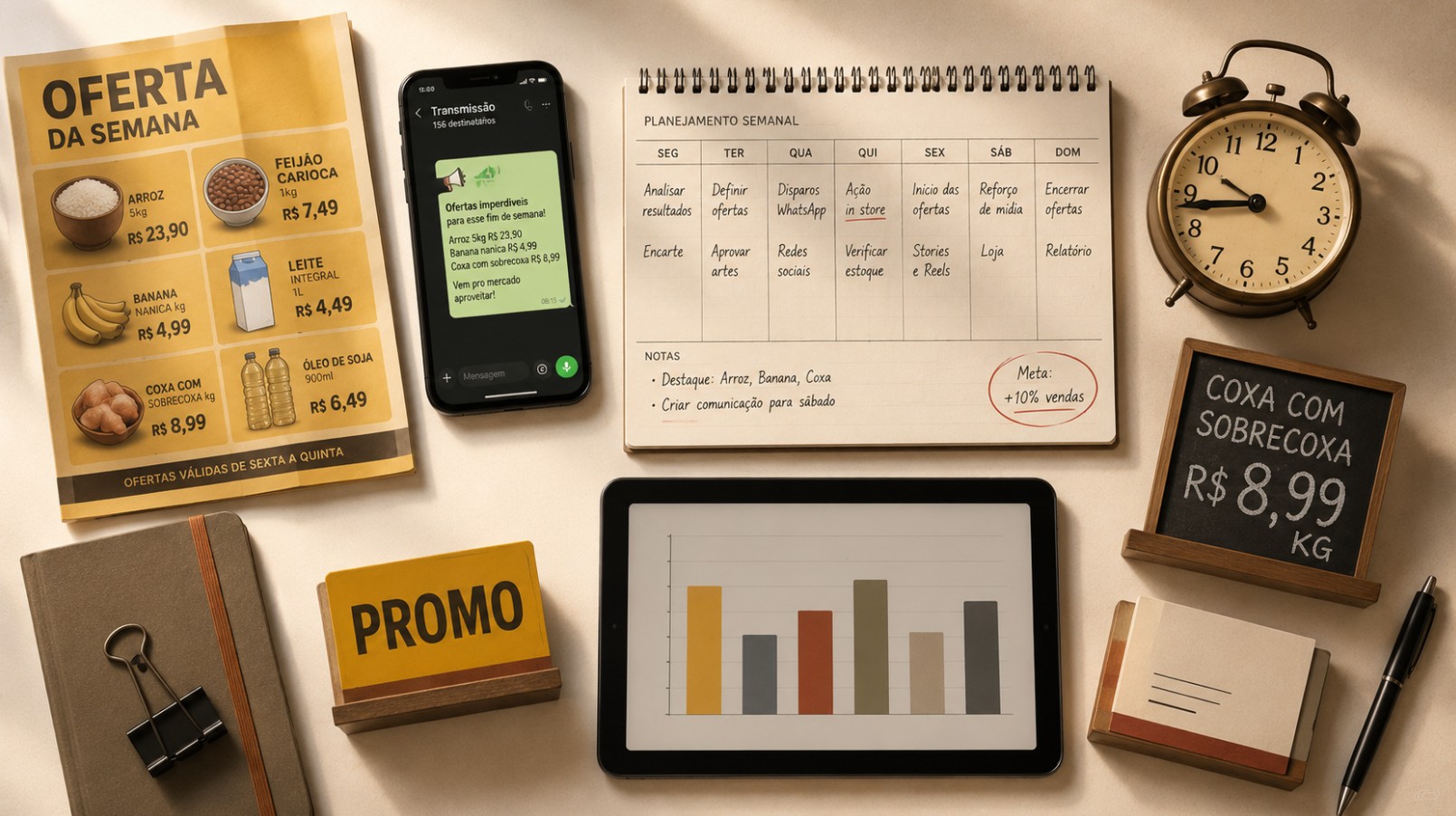 Mesa de trabalho com peças de marketing de supermercado organizadas — encarte, calendário, celular com WhatsApp, cartaz de PDV — em tons mostarda e cream, representando um departamento de marketing estruturado.