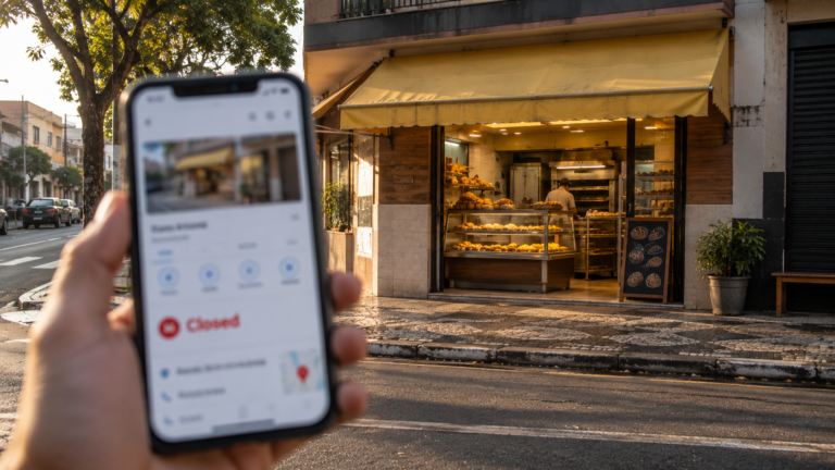 Celular mostrando ficha de loja no Google em frente a uma padaria de bairro aberta